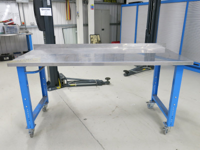 Mobile Height Adjustable Metal Framed Wood Top Workshop Table in Blue with Stainless Steel Top. Size W200 x D80cm