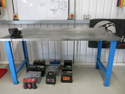 Height Adjustable Metal Framed Wood Top Workshop Table in Blue with Stainless Steel Top. Comes with Record No 3 Bench Vice, Size W200 x D75cm.
