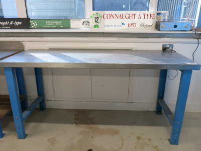 Height Adjustable Metal Framed Wood Top Workshop Table in Blue with Stainless Steel Top. Size W200 x D75cm.