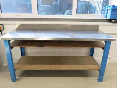 Height Adjustable Metal Framed Wood Top Workshop Table in Blue with Stainless Steel Top & Shelf Under. Size W200 x D75cm.