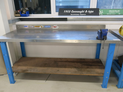 Height Adjustable Metal Framed Wood Top Workshop Table in Blue with Stainless Steel Top & Shelf Under. Comes with Record No 3 Bench Vice. Size W200 x D75cm.