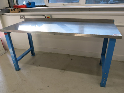Height Adjustable Metal Framed Wood Top Workshop Table in Blue with Stainless Steel Top. Size W200 x D75cm.