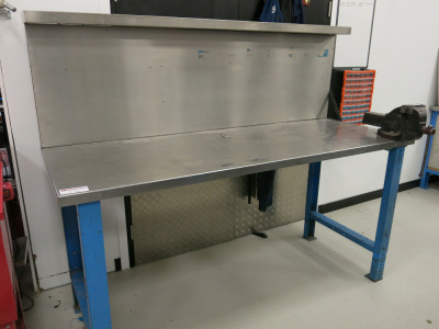 Height Adjustable Metal Framed Wood Top Workshop Table in Blue with Stainless Steel Top, Upright & Shelf. Comes with Paramo Heavy Duty No5 Bench Vice. Size W200 x D75cm.