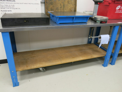 Height Adjustable Metal Framed Wood Top Workshop Table in Blue with Stainless Steel Top with Shelf Under & Paper Roll Holder. Size W200 x D75cm.