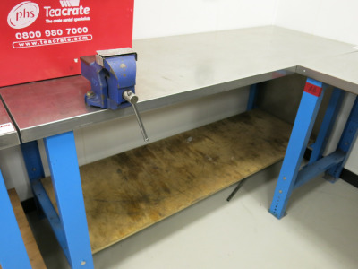 Height Adjustable Metal Framed Wood Top Workshop Table in Blue with Stainless Steel Top & Shelf Under. Comes with Record Irwin No 3 Bench Vice. Size W200 x D75cm.