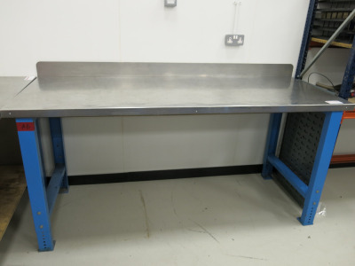 Height Adjustable Metal Framed Wood Top Workshop Table in Blue with Stainless Steel Top, Size W200 x D75cm.