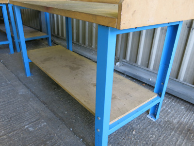 Height Adjustable Metal Framed Wood Top Workshop Table in Blue with Wooden Shelf Under, Size W200 x D75cm.