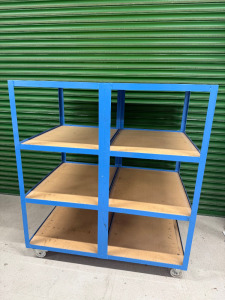 Double 4 Tier Mobile Workshop Storage Trolley Shelving Unit in Blue with 8 x Wooden Shelves. Size H148 x W133 x D86cm.