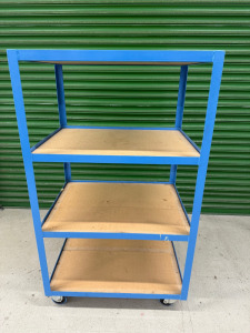 4 Tier Mobile Workshop Storage Trolley Shelving Unit in Blue with 4 x Wooden Shelves. Size H148 x W66 x D86cm.