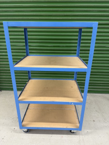 4 Tier Mobile Workshop Storage Trolley Shelving Unit in Blue with 4 x Wooden Shelves. Size H148 x W66 x D86cm.