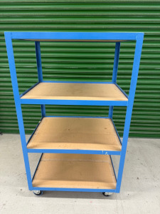 4 Tier Mobile Workshop Storage Trolley Shelving Unit in Blue with 4 x Wooden Shelves. Size H148 x W66 x D86cm.
