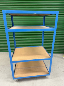 4 Tier Mobile Workshop Storage Trolley Shelving Unit in Blue with 4 x Wooden Shelves. Size H148 x W66 x D86cm. NOTE: wide middle shelf.