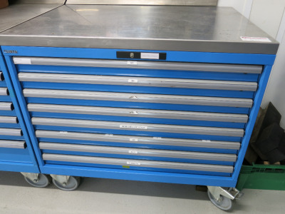 Lista 8 Draw Mobile Toolchest/Cabinet with Stainless Steel Top. Comes with Contents of Assorted Nuts & Bolts. Size H95 x W102 x D72cm. (As Viewed & Inspected).