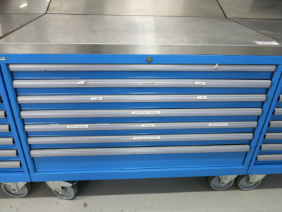 Lista 7 Draw Mobile Toolchest/Cabinet with Stainless Steel Top. Comes with Contents of Assorted Nuts, Bolts & Washers. Size H95 x W120 x D72cm. (As Viewed & Inspected).
