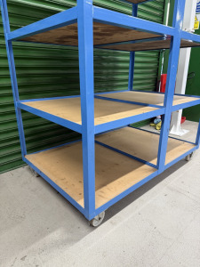Double 4 Tier Mobile Workshop Storage Trolley Shelving Unit in Blue with 8 x Wooden Shelves. Size H148 x W133 x D86cm.