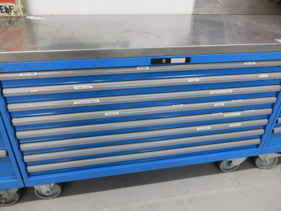 Lista 8 Draw Mobile Toolchest/Cabinet with Stainless Steel Top. Comes with Contents of Assorted Nuts, Bolts, Washers, Springs Etc. Size H95 x W143 x D72cm. (As Viewed & Inspected).