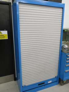 Lista 4 Shelf Roller Door Cupboard in Blue. Size H195 x W100 x D58cm. NOTE: contents not included.