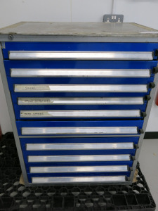 10 Draw Metal Workshop Chest in Blue. Comes with Contents of Approx 3 Draws with Nuts, Bolts Etc. Size H100 x W75 x D50cm.