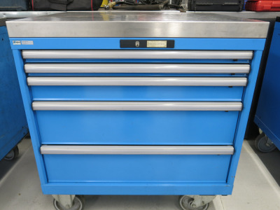 Lista 6 Draw Mobile Workshop Chest/Cabinet in Blue with Stainless Steel Top. Size H96 x W87 x D73cm.