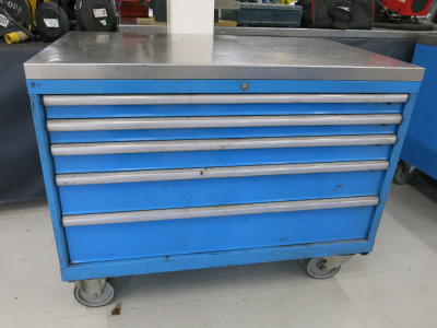 Lista 5 Draw Mobile Workshop Chest/Cabinet in Blue with Stainless Steel Top. Comes with Contents of Nuts, Bolts Etc. Size H94 x W120 x D72cm. (As Viewed & Inspected).