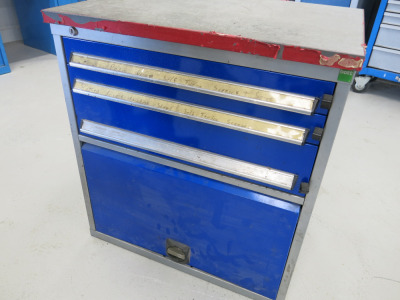 Bott 3 Draw & 1 Cupboard Metal Workshop Cabinet with Laminate Top. Comes with Contents of Nuts, Screws, Bolts & Other. Size H83 x W75 x D55cm.