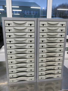 2 x Grey Metal & Plastic Multi Draw Cabinets. Size H66 x W30 x D40cm.