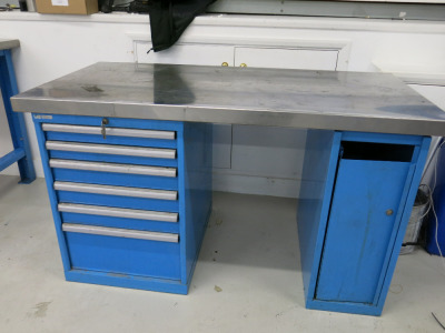 Lista Workbench with 6 Draw Cabinet & Drop Cupboard with Stainless Steel Top & Keys. Size H87 x W150 x D75cm.