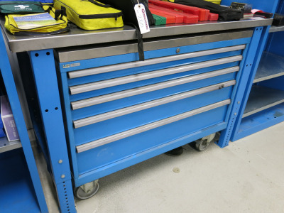 Height Adjustable Metal Framed Wood Top Workshop Table in Blue with Stainless Steel Top. Size W150 x D75cm.