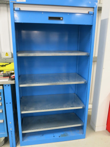 Lista 4 Shelf Roller Door Cupboard in Blue. Size H195 x W100 x D58cm.