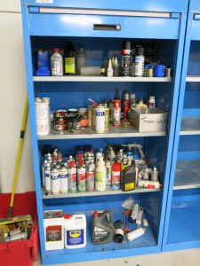 Lista 4 Shelf Roller Door Cupboard in Blue with Contents. Size H195 x W100 x D58cm.