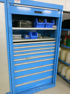 Lista 4 Shelf Roller Door Cupboard in Blue with 9 Drawer, 2 Shelf to include the contents of Electrical Components as Pictured and Viewed. Size H195 x W100 x D58cm.