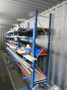 3 x Bays of Boltless Racking with Canterlever Attachments for Lengths of Stock in Blue & Orange with 9 Shelves.