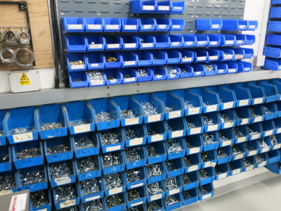 A large Quantity of Approximately 500 Wall Mounted Bins Containing Metric, Imperial, BSF, UNC Nuts, Bolts & Washers & 2 Racks of Jubilee Clips, with Wall Mounting Boards.