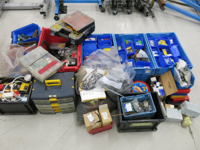 8 Crates, 1 Chest and Other Receptacles Containing Car Consumables, Including Bulbs, Electrical and Other Items (As Viewed/Pictured)