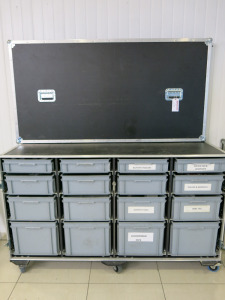 Flight Case Warehouse Mobile Cabinet with 12 x Grey Sliding Crate/Draws with Assorted Away Day Race Team Accessories. Size H107 x W180 x D70cm (As Viewed & Inspected).