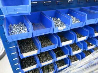 Mobile Rack Containing Approx 100 Bins of Nuts, Bolts, Screws, Washers Etc As Viewed & Pictured.