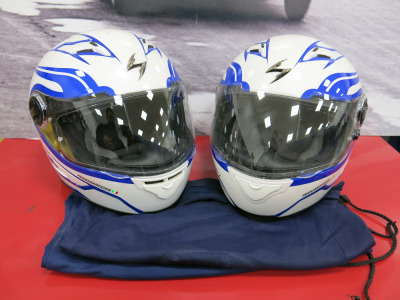 2 x Scorpion Franzanddesign Full Face Crash Helmets. Size Medium & Large.