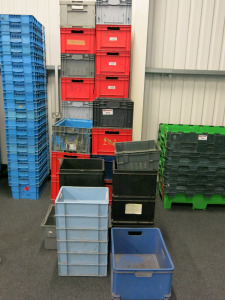 26 x Assorted Colour Stacking Crates & 15 x Smaller Misc Crates.