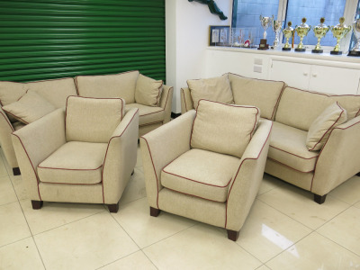 2 x Wolseley Sofa & 2 x Armchairs in Herringbone Fabric with Red Piping Detail to Include: 1 x 3 Seater Sofa, Size H75 x W215 x D100cm, 1 x 2 Seater Sofa, Size H75 x W205 x D100cm & 2 x Arm Chairs, Size H75 x W90 x D95cm.