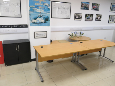 Assorted Office Furniture to Include: 2 x Office Desks, 2 x Pedestals, 1 x Meeting Table, 1 x 2 Door Cabinet, 1 x Coffee Table & 3 Jars of Faux Flowers.