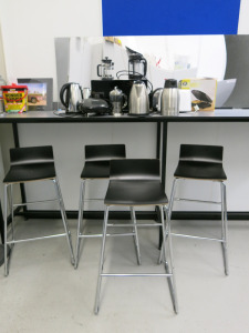 Remaining Contents of Kitchen to Include: 4 x Black Stools, 2 x Kettles, 2 x Toasters, Tower Microwave, George Foreman Grill, Morrisons Sandwich Toaster, 3 x Cafeteria & Jug.