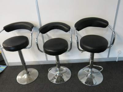 3 x Height Adjustable Stools in Chrome & Faux Black Leather.