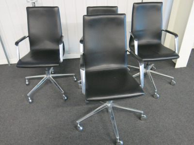 4 x Black Leather & Brushed Metal Office Swivel Chairs.
