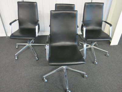 4 x Black Leather & Brushed Metal Office Swivel Chairs.
