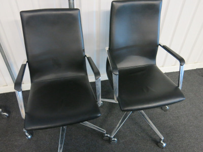2 x Black Leather & Brushed Metal Office Swivel Chairs.