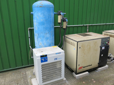 Compressor, Dryer & Receiver Tank to Include: Ingersoll-Rand Compressor, Model UP5-18-7, S/N 2210736, 3 Phase, YOM 2003, Running Hrs 10,233. MTA Dryer, Model DEiT 040, S/N 220292472, 240v, YOM 2016 & 500Ltr Welded Pressure Vessel. NOTE: installation was i