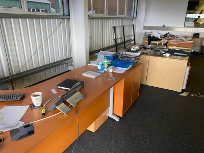 Office Furniture to Include: 14 x Tambor Bisley Cabinets, 7 x Assorted Desks, 12 x Pedestals, 3 x 3 Drawer Filing Cabinets, 2 x 4 Drawer Filing Cabinets, 3 x Wood 4 Drawer Filing Cabinets, 2 x 12 Drawer Document Cabinets, 1 x Von Haus Key Safe (Open) with