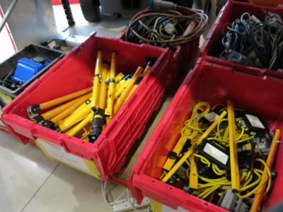 5 x Crates with Assorted Work Lighting, Tripods & Large Quantity of Assorted Extension Leads (As Viewed).