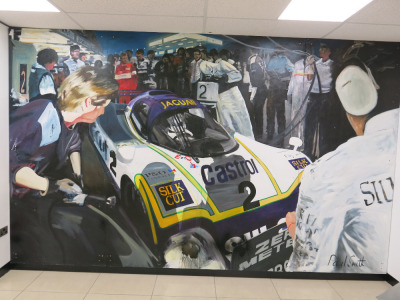 Paul Smith Original Oil On Board Art Work, June 1988 24 Hours Le Mans Jaguar 2 in 4 Sections, Size H244 x W100cm (96 x 157 Inches). Total Width 400cm. Signed by Artist & Screwed to Wall.