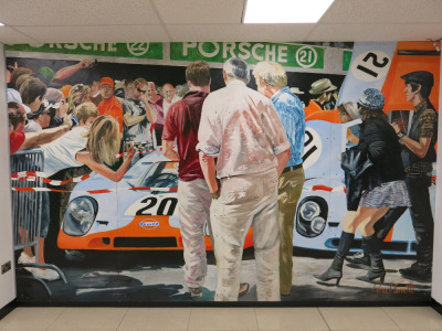 Paul Smith Original Oil On Board Art Work, June 1970 24 Hours of Le Mans Porsche 20 & 21 in 4 Sections, Size H244 x W100cm (96 x 157 Inches). Total Width 400cm. Signed by Artist & Screwed to Wall.